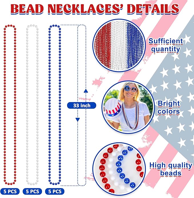 4th of July Accessories, 15PCS 4th of July Bead Necklaces, Metallic Patriotic Independence Day Red Blue White Necklace, Necklace for Memorial Day Patriotic Parades Party Favors Supplies