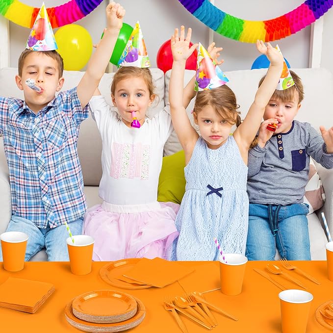 ADXCO 169-Piece Orange Party Pack: Plates, Cups, Napkins, Utensils, Tablecloth for 24 Guests - Orange Wedding or Birthday Party Decorations