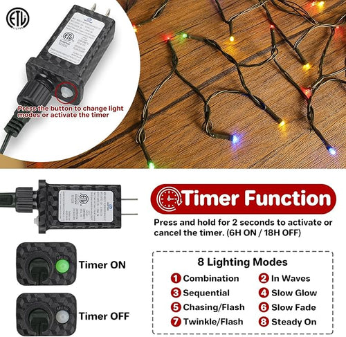 100 LED Christmas String Lights, 33 FT Connectable Waterproof String Lights Green Wire with Timer Memory Function & 8 Modes, for Indoor Outdoor Xmas Trees Party Garden, 33 FT Multicolor