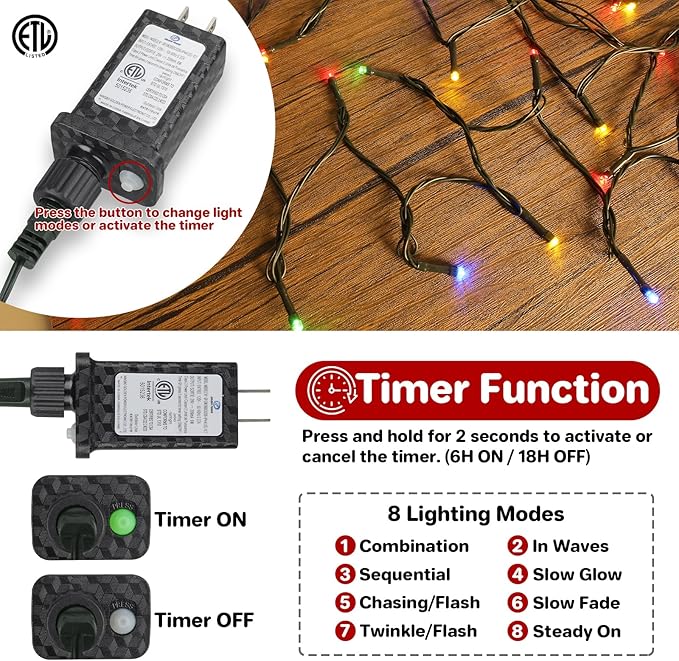 66ft 200 LED Christmas Lights - Outdoor & Indoor, Plug-in with Timer & Memory, 8 Modes Twinkle Xmas String Lights for Tree, Wreath & Party Decor, Multicolor