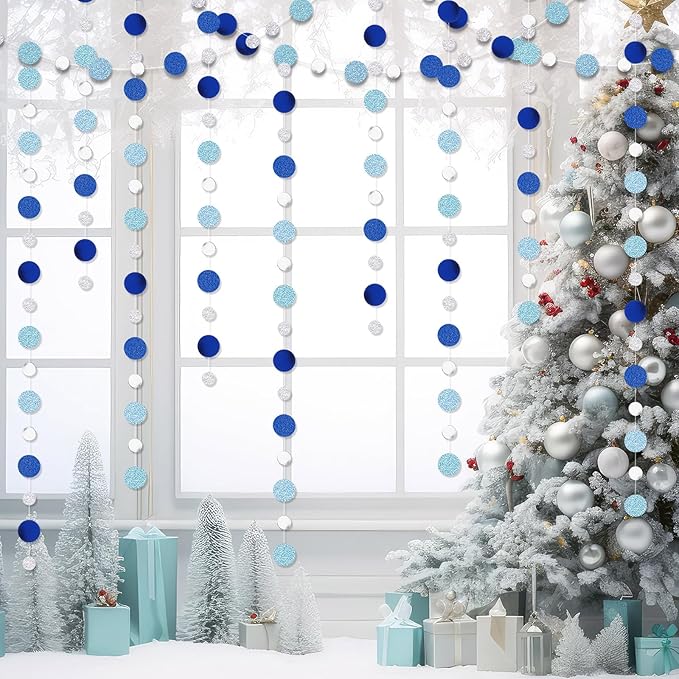 Outus 5 Pieces Round Dots Circle Garland Royal Navy Blue Hanging Paper Hanging Decor Each Length 13.1ft Glitter Paper Dot Streamers for Birthday Wedding Classroom Bridal Baby Shower(Silver, Blue)