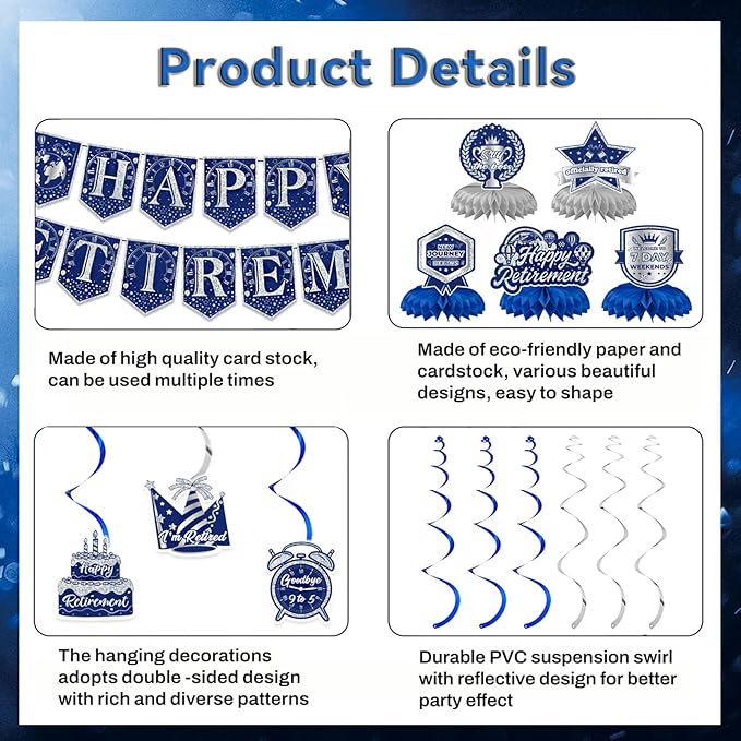 12Pcs Retirement Party Decorations for Men Women Blue Silver Happy Retirement Banner Honeycomb Centerpiece Swirls Party Supplies Retired Farewell Party Set Work Graduation Party Decorations