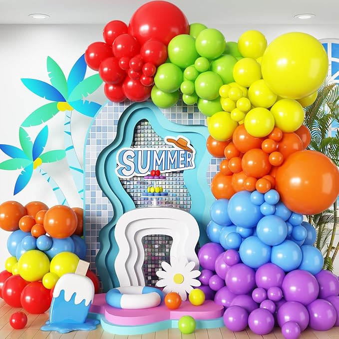 Summer Tropical Balloon Arch Garland Kit, Rainbow Colorful Balloon Arch Multicolor Rainbow Colored Latex Balloons for Birthday Kindergarten Graduation Carnival Fiesta Party Decoration Supplies