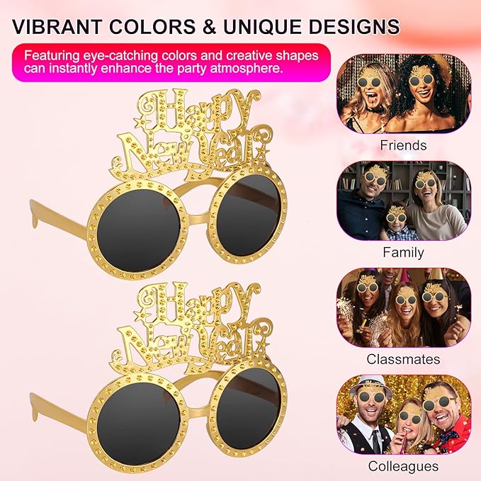 Happy New Year Metallic Glasses Shiny 2026 Party Eyeglasses for Adults & Kids Fun NYE Accessories & Photo Booth Props