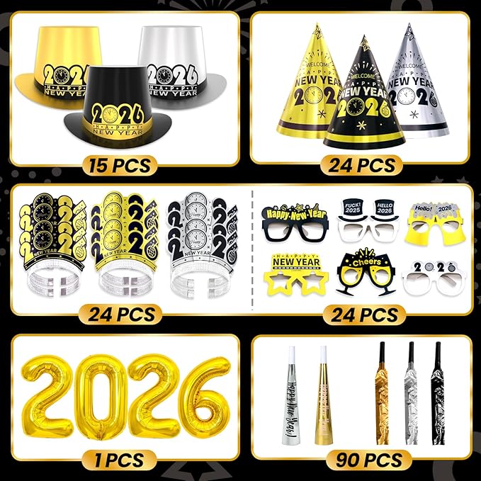 New Years Eve Party Supplies 2026 for 90 Guests, Happy New Years Decorations Party Favors Includes Top Hats, Tiaras, Glasses Accessories for Adults Kids Nye Decorations 2026