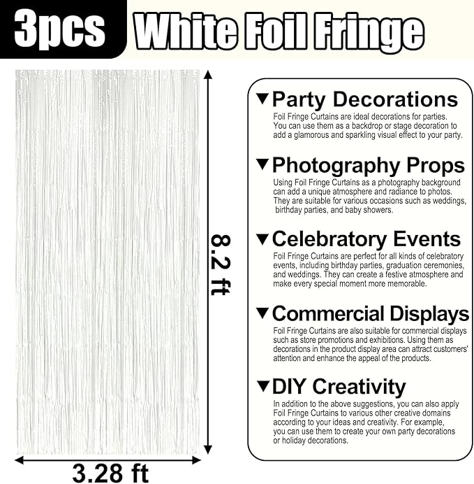 3 Pack White Foil Fringe Curtain Backdrop, 3.28Ft x 8.2Ft Metallic Tinsel Foil Fringe Streamer Curtains for Photo Booth, Mother's Day, Easter, Birthday, Wedding Party Decorations