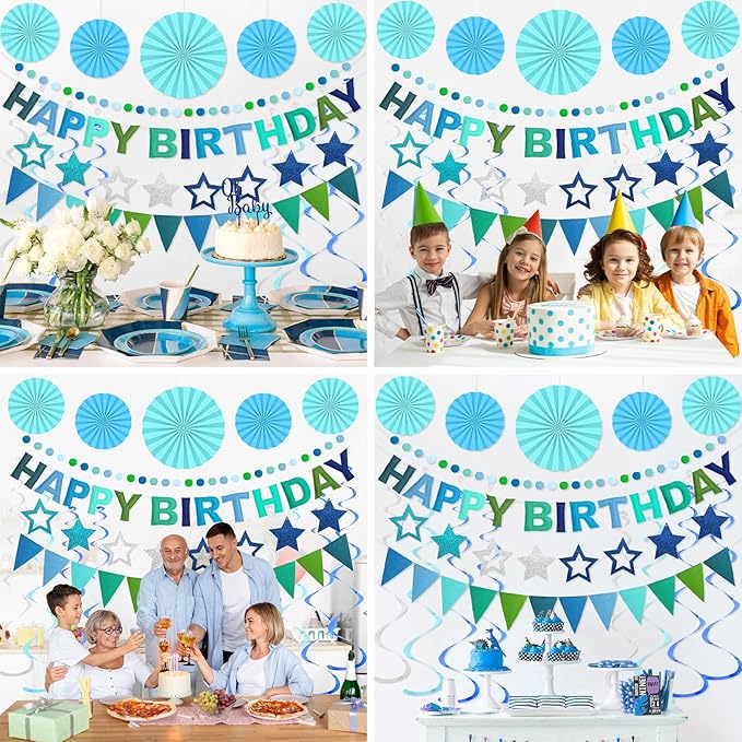 Pre-Strung Happy Birthday Banner, Reusable Felt Birthday Party Decorations, 3D Effect Happy Birthday Sign with Felt Ball Garland, Pennant Flag, Hanging Paper Fans for Men Women Boy Girls (Blue)