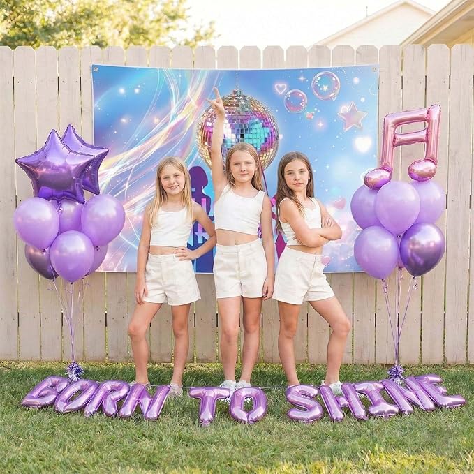 Purple pink Balloon Arch Garland Kit with backdrop Tablecloth Musical symbols Star “born to shine” letter mylar balloons for kpop music Birthday Decorations Y2K Movies fans Prom Party Supplies