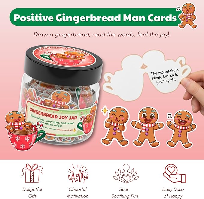 Positive Gingerbread Jar – 60 Funny Cards, Stocking Stuffers, Xmas Christmas White Elephant Gifts for Teenage, Women, Adults, Mom, Teachers, Sisters, Friends, Teen Girl Gifts Trendy Stuff