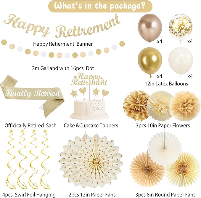 Vlipoeasn Retirement Decorations for Men Women, Champagne Gold Official Retired, Happy Retirement Banner Swirls Party Supplies Retired Farewell Party Set Work Graduation Party Decorations