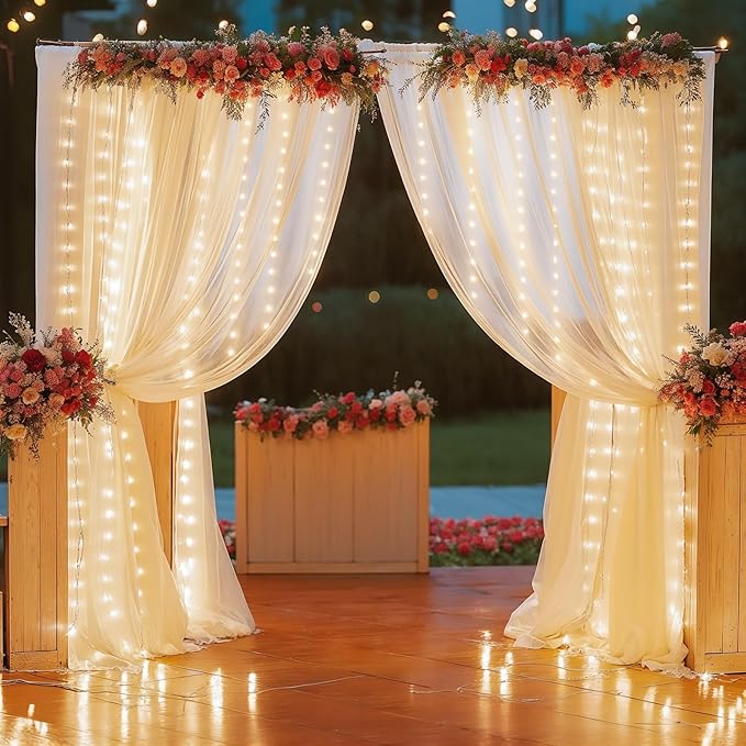 10x10FT White Wrinkle Free Backdrop Curtains with Lights String for Parties - Photo Curtain Backdrop with Lights for Wedding Decorations, Bridal Baby Shower Birthday Party Photography Background