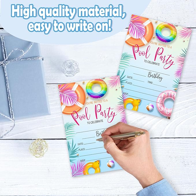 Pool Party Birthday Invitations, 25 Summer Party Invites Cards with Envelopes, Double-Sided Fillable, for Teens Adults, Birthday Party Supplies (4 x 6 Inch) -A10
