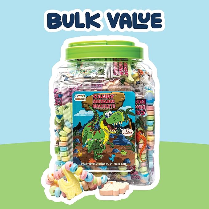 50 Dinosaur Candy Bracelets with Dinosaur Pendants, Dino-lover Candy Jewelry, Ideal for Dino Party Favors and Goodie Bags, Bulk Pack by 4YoreElves