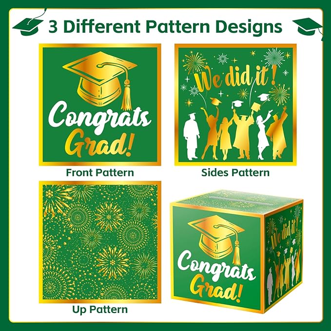 JWSCYSY Graduation Card Box Holder, Congrats Grad Foldable Cardboard Decorations Box for Graduation Party Favors Decor Party Supplies (Green Gold)