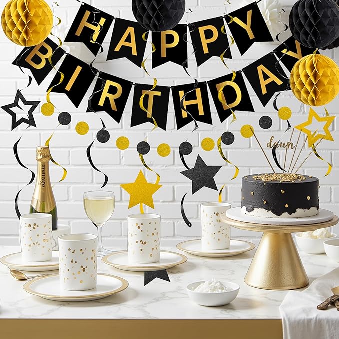Happy Birthday Decorations Happy Banner with Honeycomb Balls, Swirls Set Happy Decorations Sign for Men Women Boys Girls Birthday Party Supplies Kit for Indoor Outdoor
