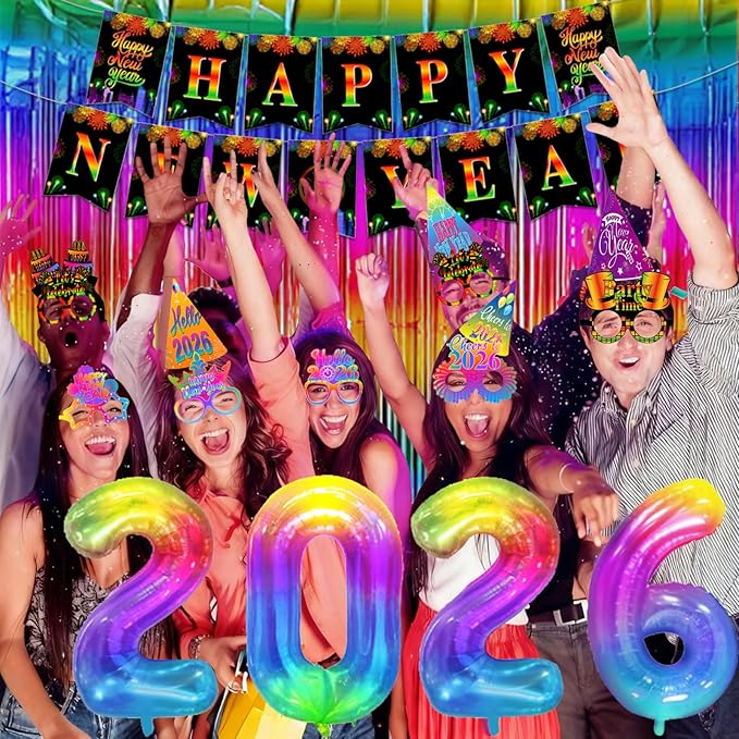 New Years Eve Party Supplies 2026 New Year Party Decorations Happy New Year Banner 2026 Foil Balloons Colorful Fringe Curtain Glasses Headbands Hats Noisemakers Wrist Wreaths New Year's Party Favors