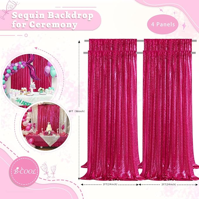 B-COOL Sequin Backdrop Fuchsia Backdrop Curtains 4 Panels 2ft x 8ft Hot Pink Sparkly Backdrop Fabric for Birthday Sweetheart Party Birthday Wedding Drapes