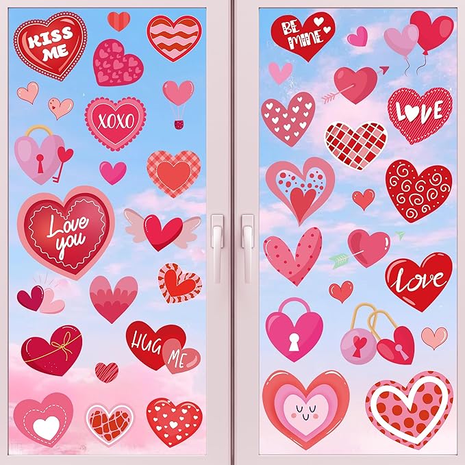 80PCS Valentines Window Clings, 4 Sheets Valentines Home Decor, 13.7 × 9.8 Inches Heart Window Clings Double-Sided Heart Stickers for Classroom, Wedding Romantic Decorations