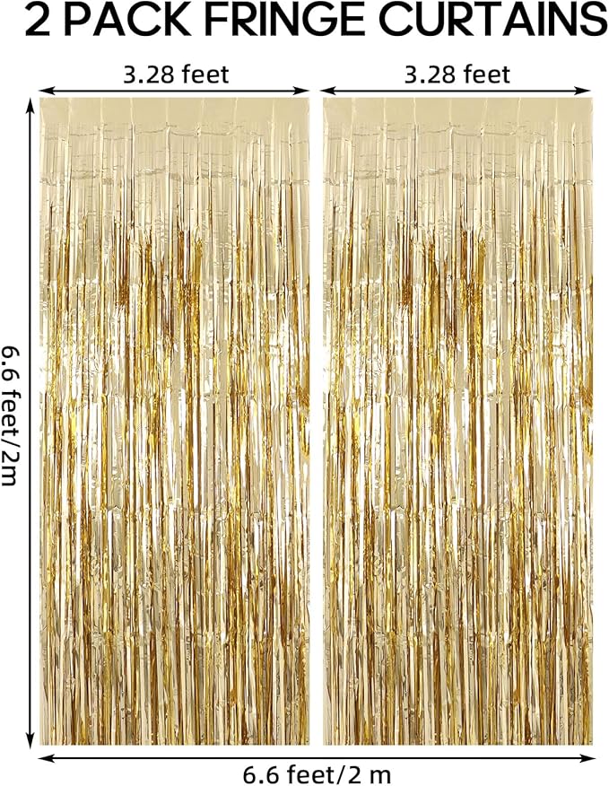 2 Pack Fringe Curtains Backdrops, Foil Fringe Curtains, Door Streamers for Birthday Wedding Bridal Shower Holiday Graduation Party Decorations, Photo Booth Backdrops, Champagne
