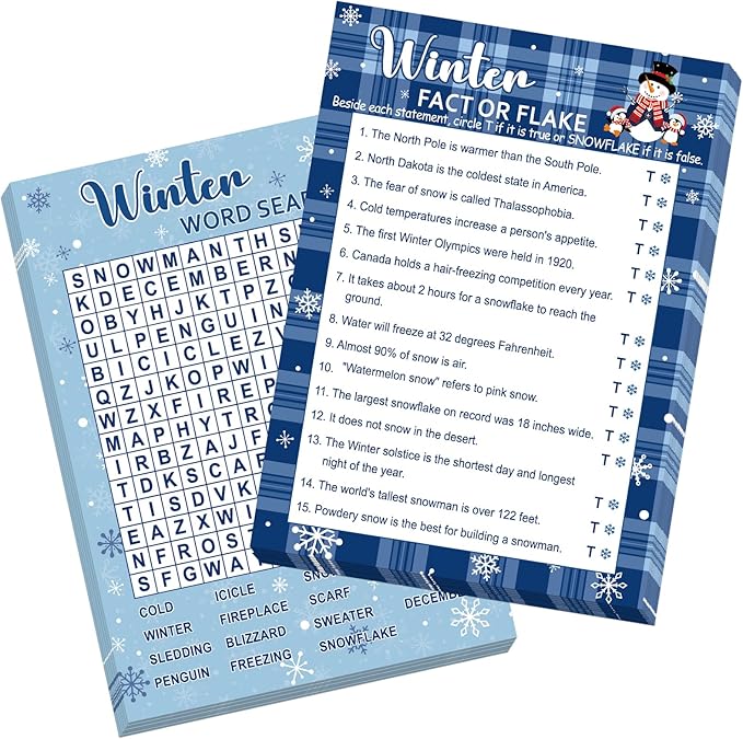 COCHIE 30 Players Winter Holiday Christmas Party Games for Adults Family Office Large Groups, Word Search Game, Guesstures Game, Fact or Flake Games with Answer Key (Winter Search)
