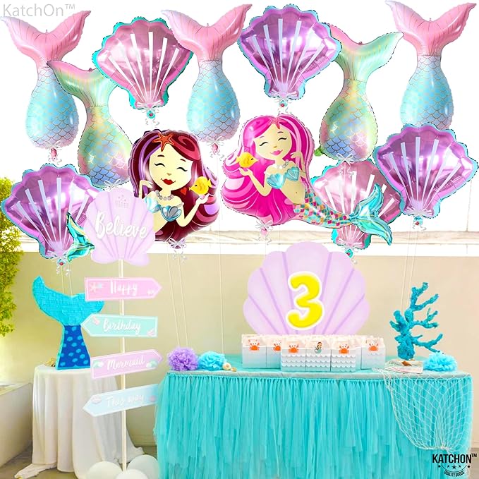 KatchOn, Big, Colorful Mermaid Balloons Set - 38 Inch, Pack of 16 | Mermaid Tail Balloon, Seashell Balloons | Mermaid Foil Balloons for Mermaid Party Decoration | Mermaid Birthday Balloon Decorations