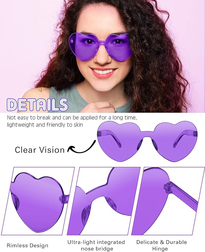 Frienda 20 Pairs Heart Shaped Sunglasses Rimless Candy Color Glasses for Women Men Party Favor