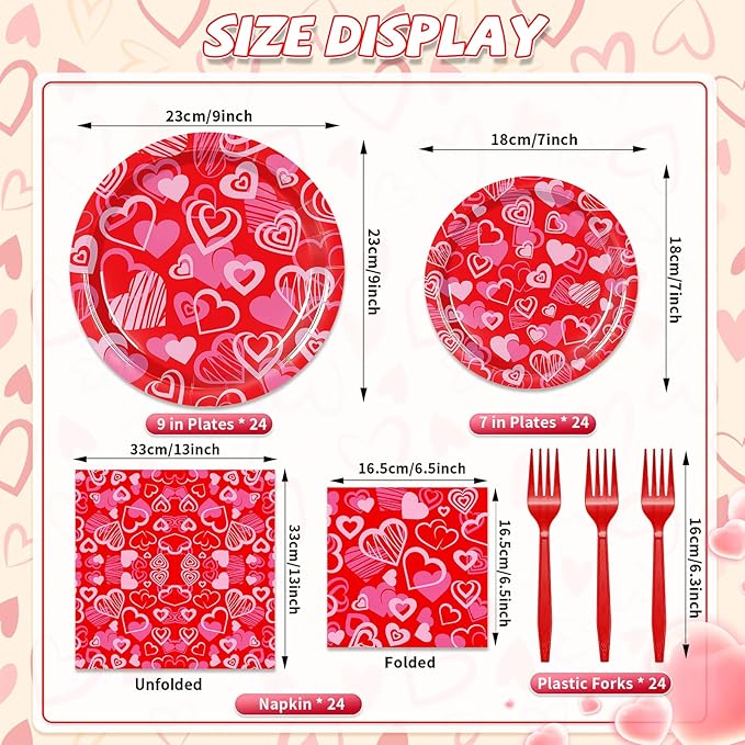 96 Pieces Valentines Day Plates and Napkins Tableware Set, Red Pink Heart Love Disposable Dinnerware with Paper Plates Napkins and Forks for Valentine Day Wedding Anniversary Party Favors - Serves 24