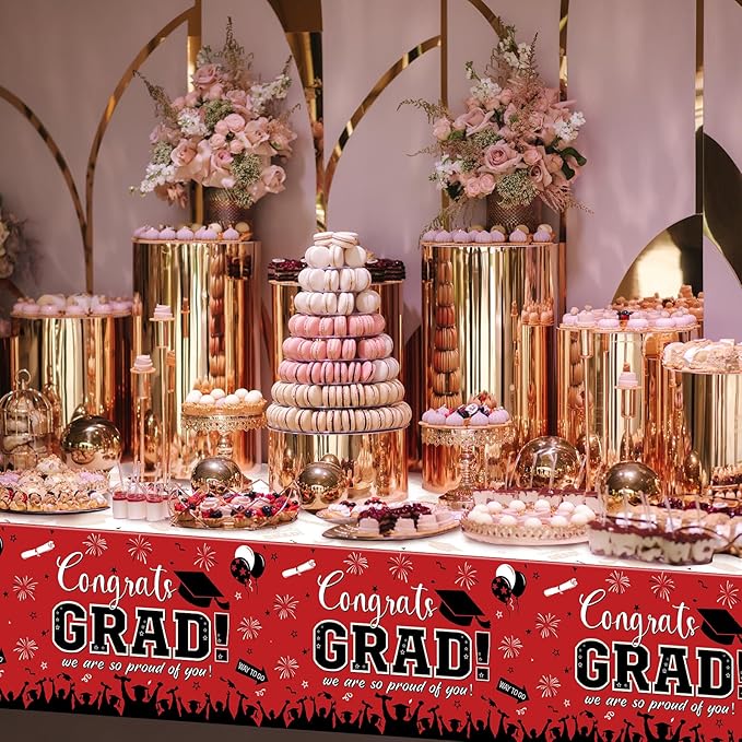 6 Pack Graduation Tablecloth Party Decorations, Class of 2026 Congrats Grad Plastic Tablecover Party Supplies, Red Rectangle Graduation Table Decorations for College High School Party, 54 x 108 Inch