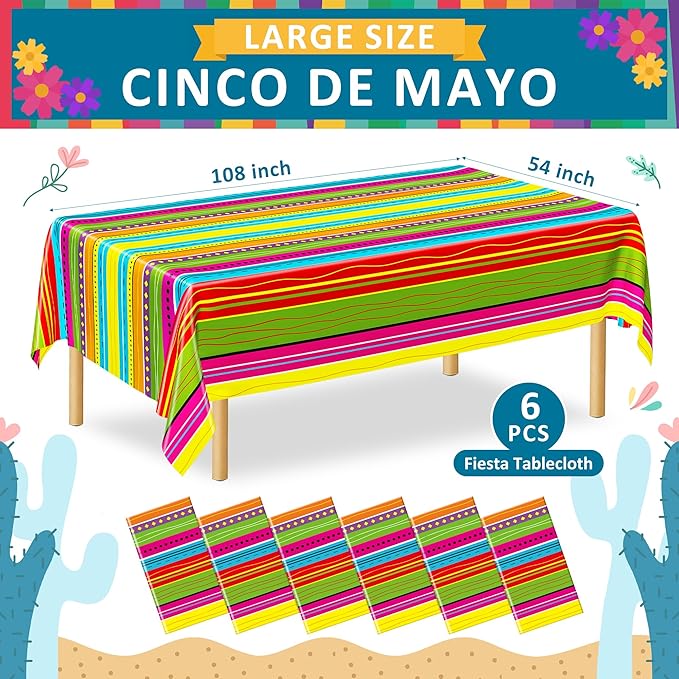 6 Pcs Mexican Party Decorations, 54"X108" Disposable Fiesta Tablecloths, Colorful Mexican Striped Tablecover Plastic Tableware Fiesta Decor for Cinco De Mayo, Taco Night, Mexico Themed Party Supplies