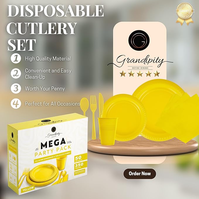 Grandipity 350 Piece Yellow Disposable Dinnerware Set, Includes 50 of Each: 9" Dinner Plates, 7" Dessert Plates, 12oz Cups, Paper Napkins, Forks, Knives & Spoons