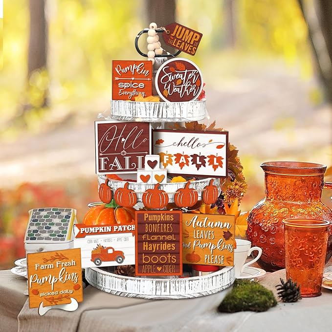 14 Pcs Thanksgiving Tiered Tray Decor Thanksgiving Pumpkin Fall Home Decorations Set Rustic Farmhouse Pumpkin Truck Spice Blocks Autumn Winter Wooden Sign for Fall Christmas