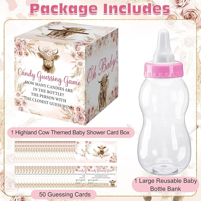 Glenmal 52 Pcs Baby Shower Games Gift Sets Large Baby Bottle for Shower Game Guess How Many Candies Decorations for Gender Reveal (Highland Cattle)
