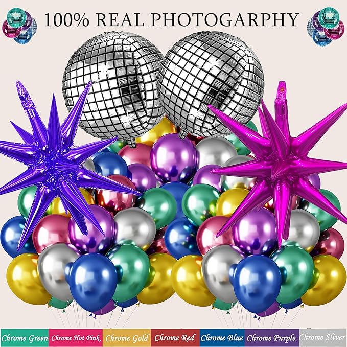 161pcs Shiny Chrome Balloon Garland Arch Kit Retro Disco Dance Party Decorations with 4D Disco Ball Balloons and Explosion Star Foil Balloons for 80s 90s Theme Neon Birthday Galaxy Supplies