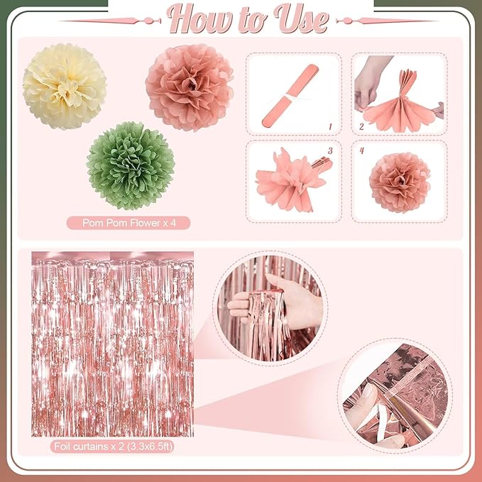 Rose Gold and Sage Green Birthday Decorations, Retro Avocado Green Party Décor with Foil & Latex Balloons Sash Fringe Curtains Happy Birthday Banner Cake Topper Paper Pompoms Decor for Women Girl