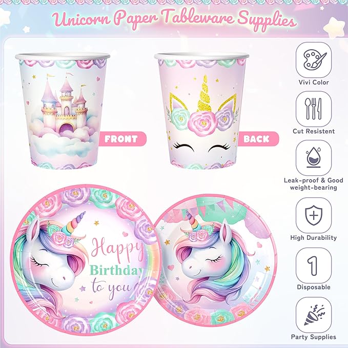 171Pcs Unicorn Birthday Party Supplies with Plates Cups Napkins Cutlery, Unicorn Birthday Decorations with Unicorns Banner and Tablecloths, 24 Serves Pink Disposable Tableware for Party Decor