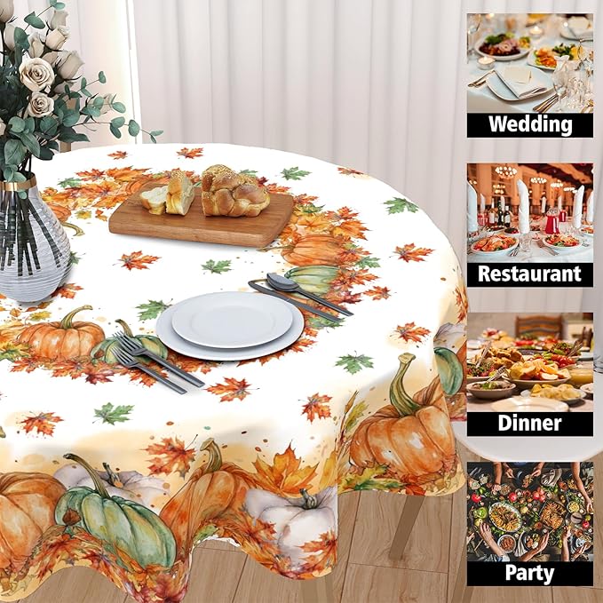 Fall Tablecloth Round 60 Inch Thanksgiving Autumn Harvest Orange Pumpkin Outdoor Table Cloth Maple Leaf Table Cover for Kitchen Dinner Room Holiday Party Outdoor Home Fall Decor