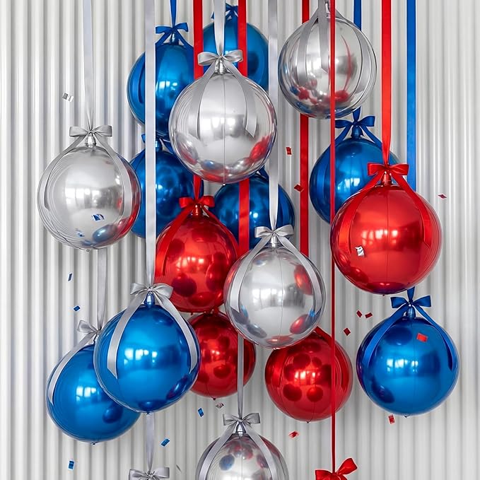 20 Pcs Large Red Blue Silver Metallic Foil Balloons 22 Inch Independence Day Giant 4d Round Ball Balloons with Ribbions for 250th Anniversary Birthday Wedding Baby Shower Tea Party Decor