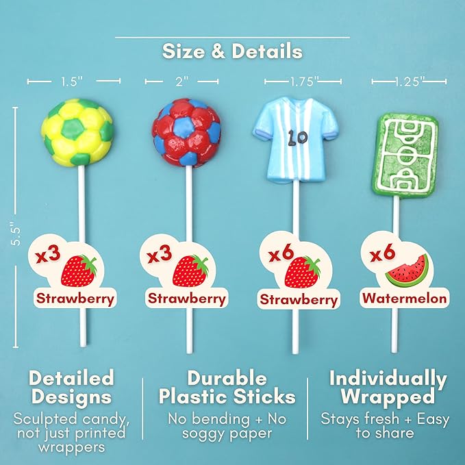 Soccer Lollipops, Ball, Jersey, and Field Individually Wrapped Suckers, Sports Team Party Favor Candy and Goodie Bag Fillers, 18 Count