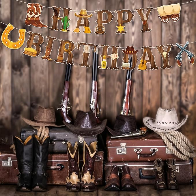 Cowboy Party Decorations Happy Birthday Banner Western Cowboy Party Banner Garland for Birthday Party Decorations Cowboy Party Supplies