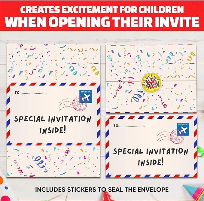 36 Kids Childrens Birthday Party Invitations with Folding Envelope Design and Holographic Stickers (Rainbow)