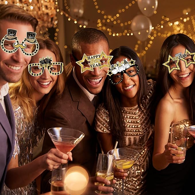 12Pcs Happy New Year Glasses, Black and Gold New Years Eve Paper Eyeglasses 2026 Glasses Photo Booth Props for 2026 New Years Eve Party Supplies