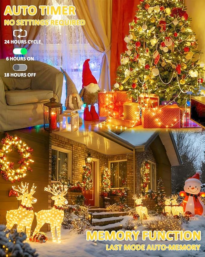 2 Pack String Lights Battery Operated with Timer, 66FT 200 LED Waterproof Battery Twinkle Lights, 8 Modes Fairy Light for Indoor & Outdoor Party Bedroom Porch Tree Christmas Decorations (Warm White)