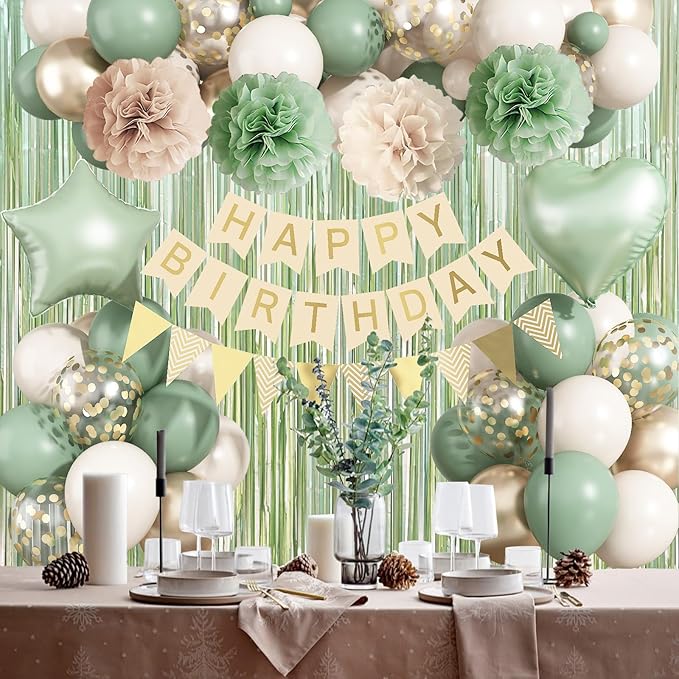 Sage Green Birthday Decorations, Neutral Green Gold Nude Party Décor with Foil & Latex Balloons Sash Fringe Curtains Happy Birthday Banner Cake Topper Paper Pompoms Party Decor for Women Girl