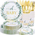 350 Pcs Sage Green Baby Shower Decorations, Baby Shower Plates and Cups and Napkins Sets Serves 50, Oh Baby Plates with Gold Dots for Boho Baby Girl Boy Neutral