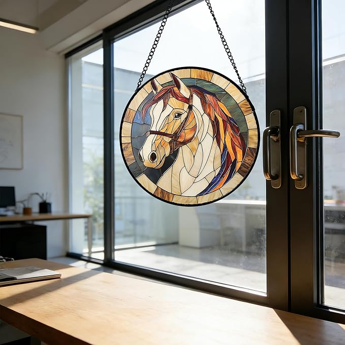 Stained Glass Window Hanging, Animal Horse Colored Mane Sun Catchers Glass Panel Cool Suncatcher Decor for Birthday for Women, Men, Wife, Aunt, and Mom 14.9x14.9 in