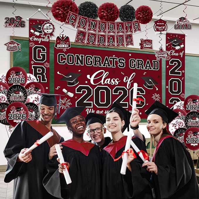 Graduation Decorations 2026 Maroon Party Decor Set with Congrats Grad Banner, Class of 2026 Backdrop, Balloons, Box & Streamers Supplies for High School & College Celebrations