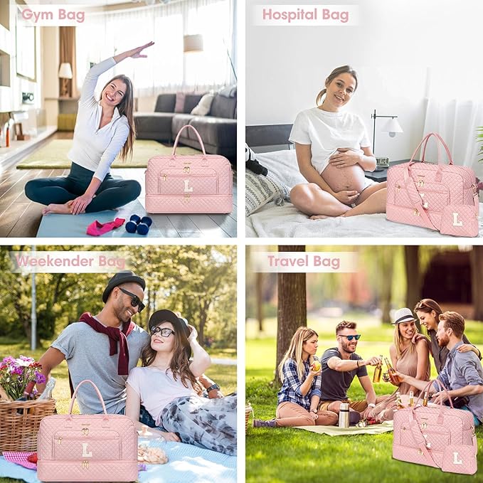 Initial Travel Duffle Bag for Women - Pink Personalized Weekender bags Overnight Bag with Shoe Compartment & Wet Pocket Weekend Tote Bags with Toiletry Bag Monogram Christmas Gifts (Letter M)