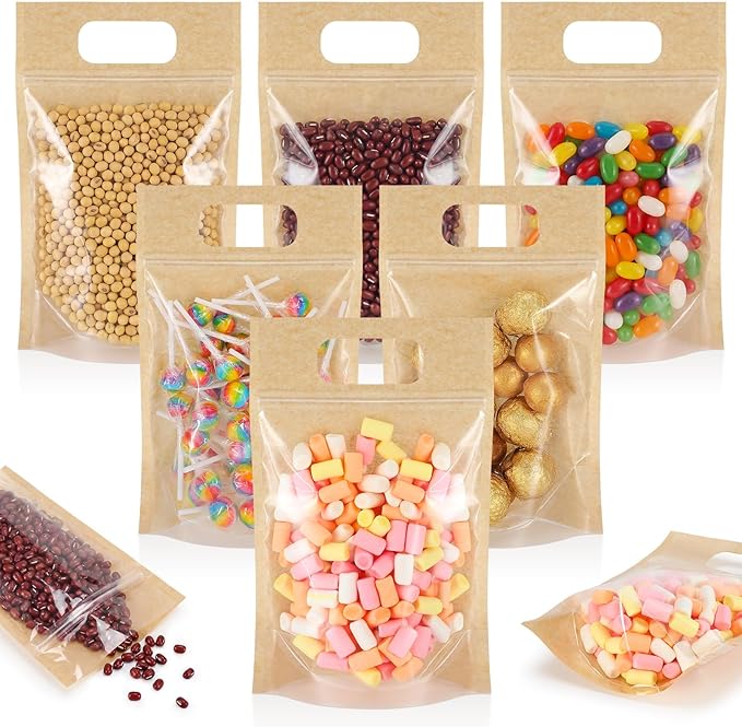 Sinload 120 Pcs Plastic Gift Bag Bulk 5.5 x 8.7 Inch Resealable Party Goodie Bag with Clear Window Color Favor Pouch with Handle for Home Birthday Wedding Party Candy Gift Wrap Supply(Kraft)