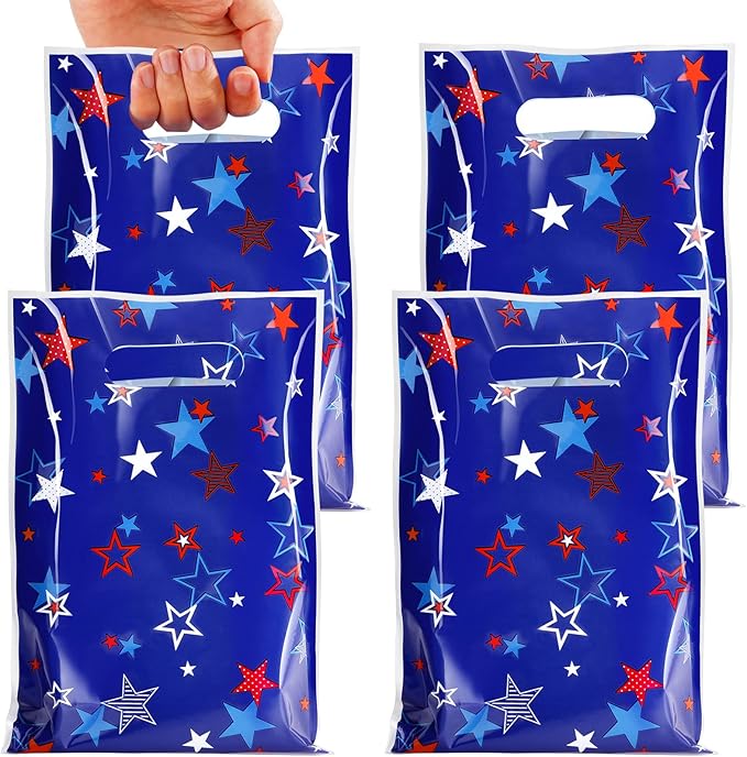 MASHAN 50 Pieces 4th of July Goodie Bags Bulk, Patriotic Gift Bags,Plastic Treat Gift Handles Bag with Red White Blue Star for Independence Day Memorial Day Veterans Day Decorations Party Supplies