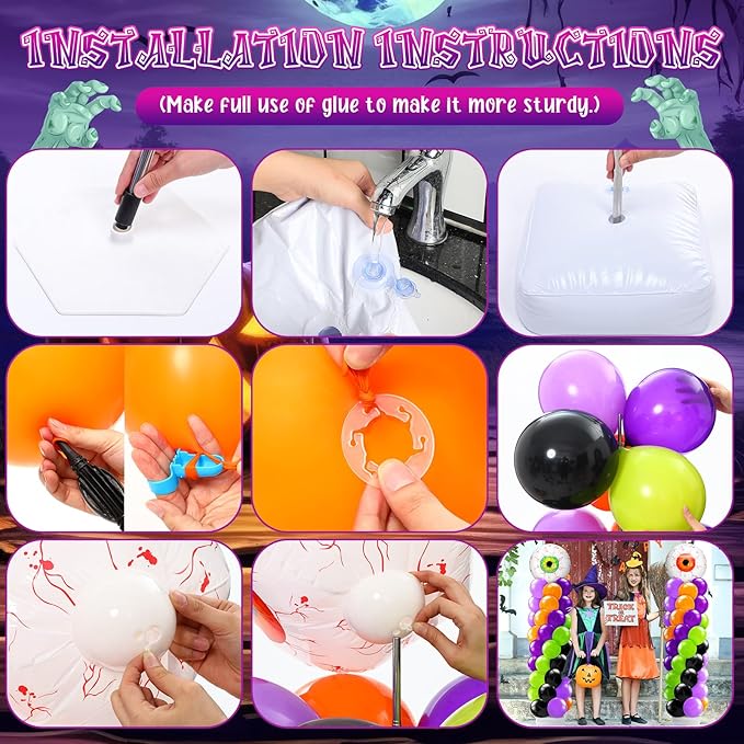 Kasyat 2 Set Halloween Eyeball Balloon Column Stand Kit with Red Green Eyeball Foil Balloon Orange Purple Green Black Arch Garland Kit for Spooky Birthday Party Halloween Theme Decoration